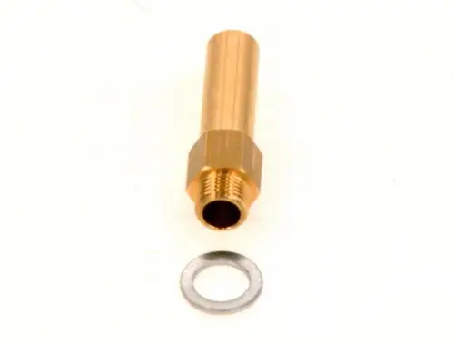 Bosch Düsensatz, bestehend aus einer metallischen Düse und einem Ring, auf einem weißen Hintergrund. Die Düse hat ein zylindrisches Ende und ein Außengewinde.